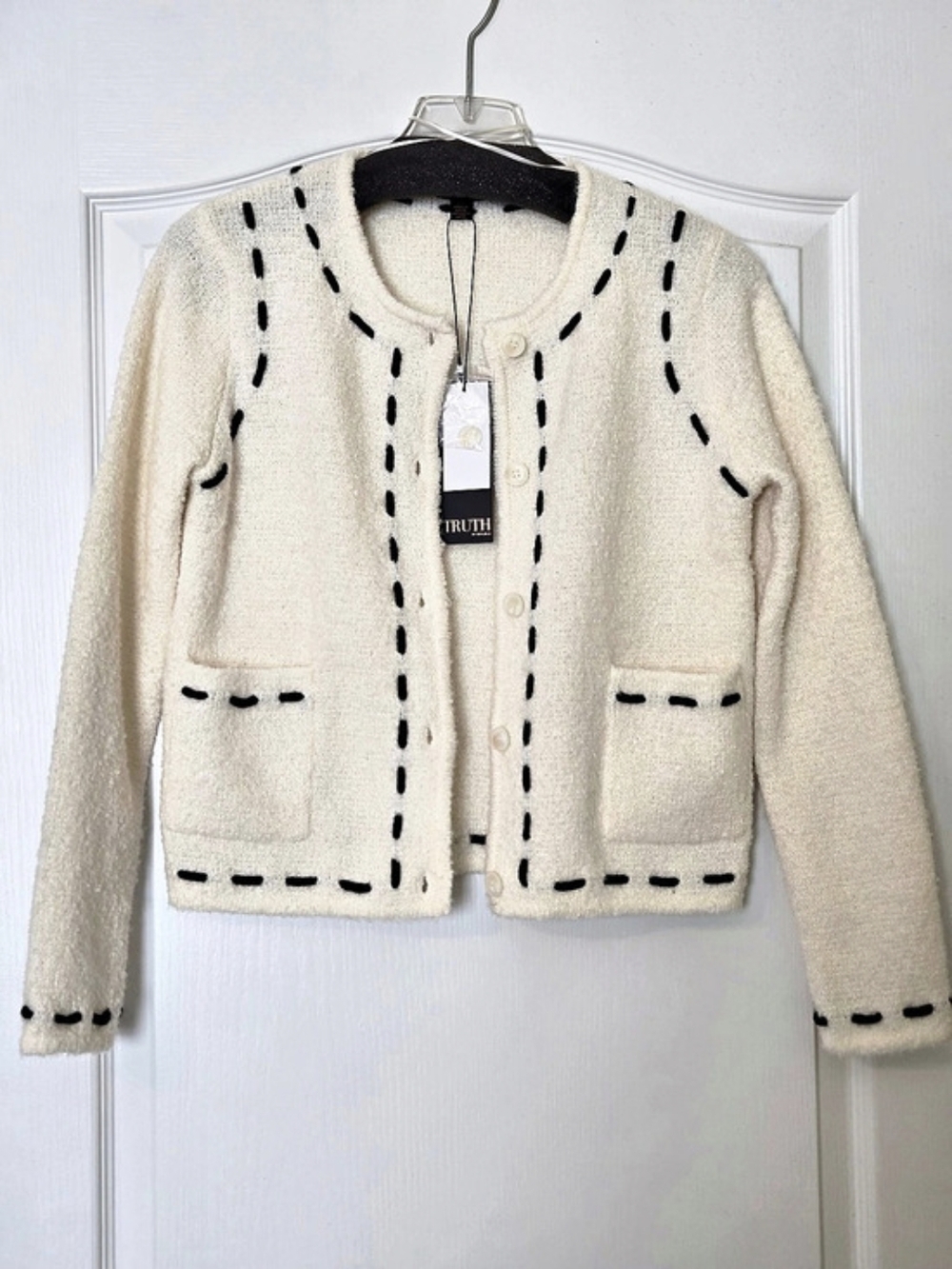 Truth by Republic Ivory/Black Contrast Stitch Cardigan Sweater NWT S